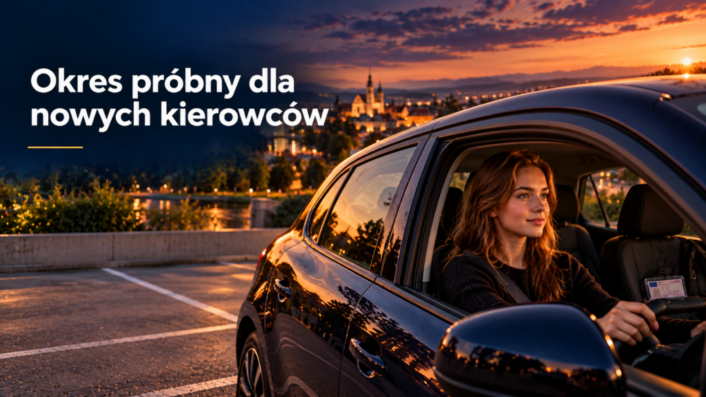 Młoda kierowca za kierownicą samochodu o zachodzie słońca, w tle panorama miasta – grafika do artykułu „Okres próbny po zdanym egzaminie na prawo jazdy”